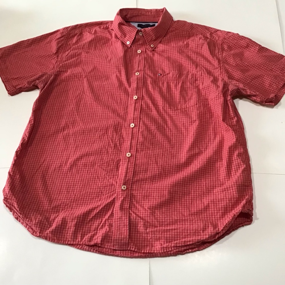 Tommy Hilfiger Shirt Mens XL Camp Red Windowpane Plaid Short Sleeve Button Down